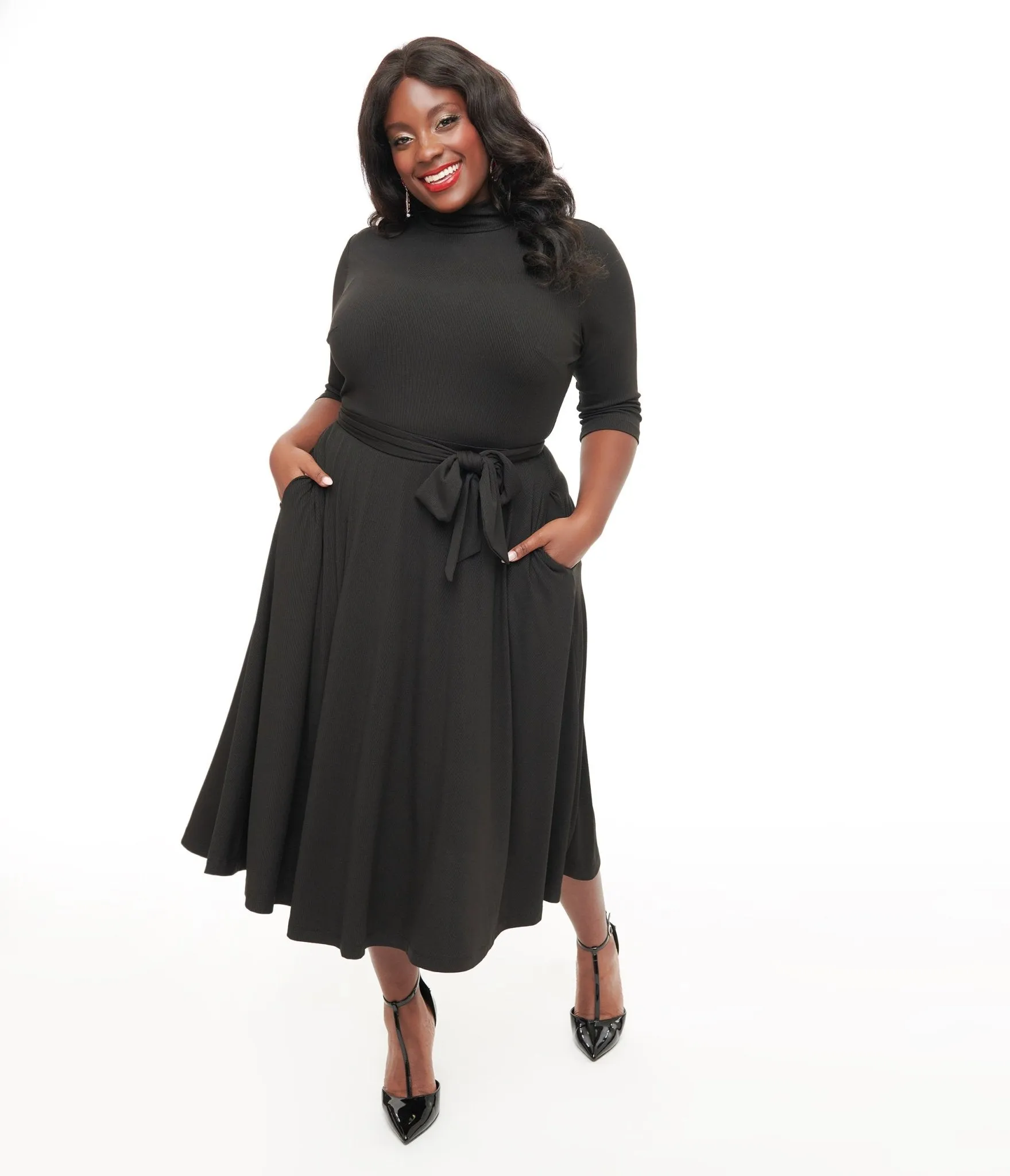 Unique Vintage Plus Size 1950s Black Turtleneck Midi Dress Casual Everyday Look