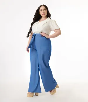 Unique Vintage Plus Size 1950s Blue Chambray Wide Leg Trousers Comfortable Travel Wear
