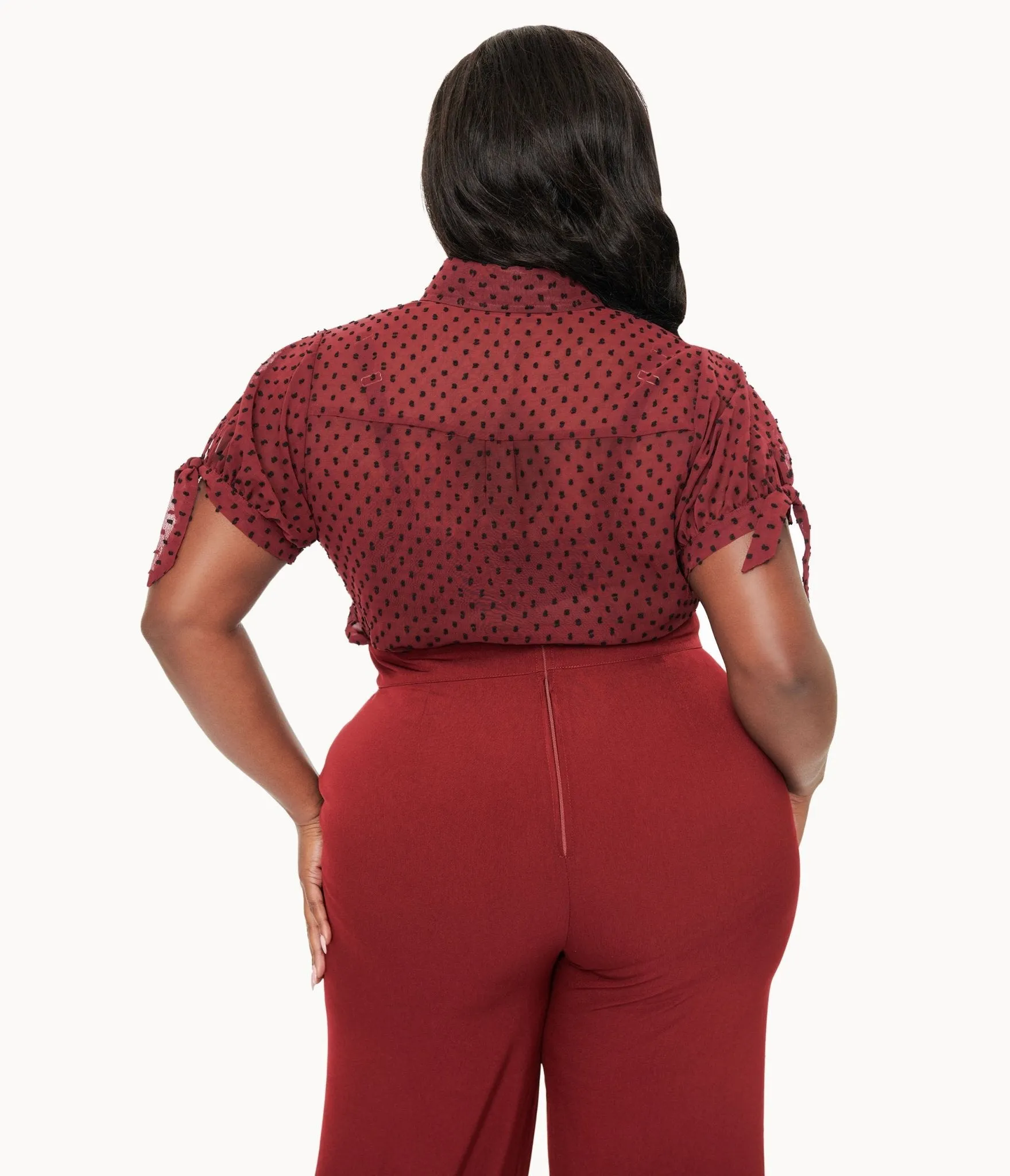 Unique Vintage Plus Size 1950s Burgundy & Black Clip Dot Tie Cuff Blouse Easy Date Night