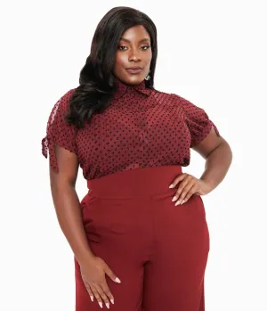 Unique Vintage Plus Size 1950s Burgundy & Black Clip Dot Tie Cuff Blouse Easy Date Night