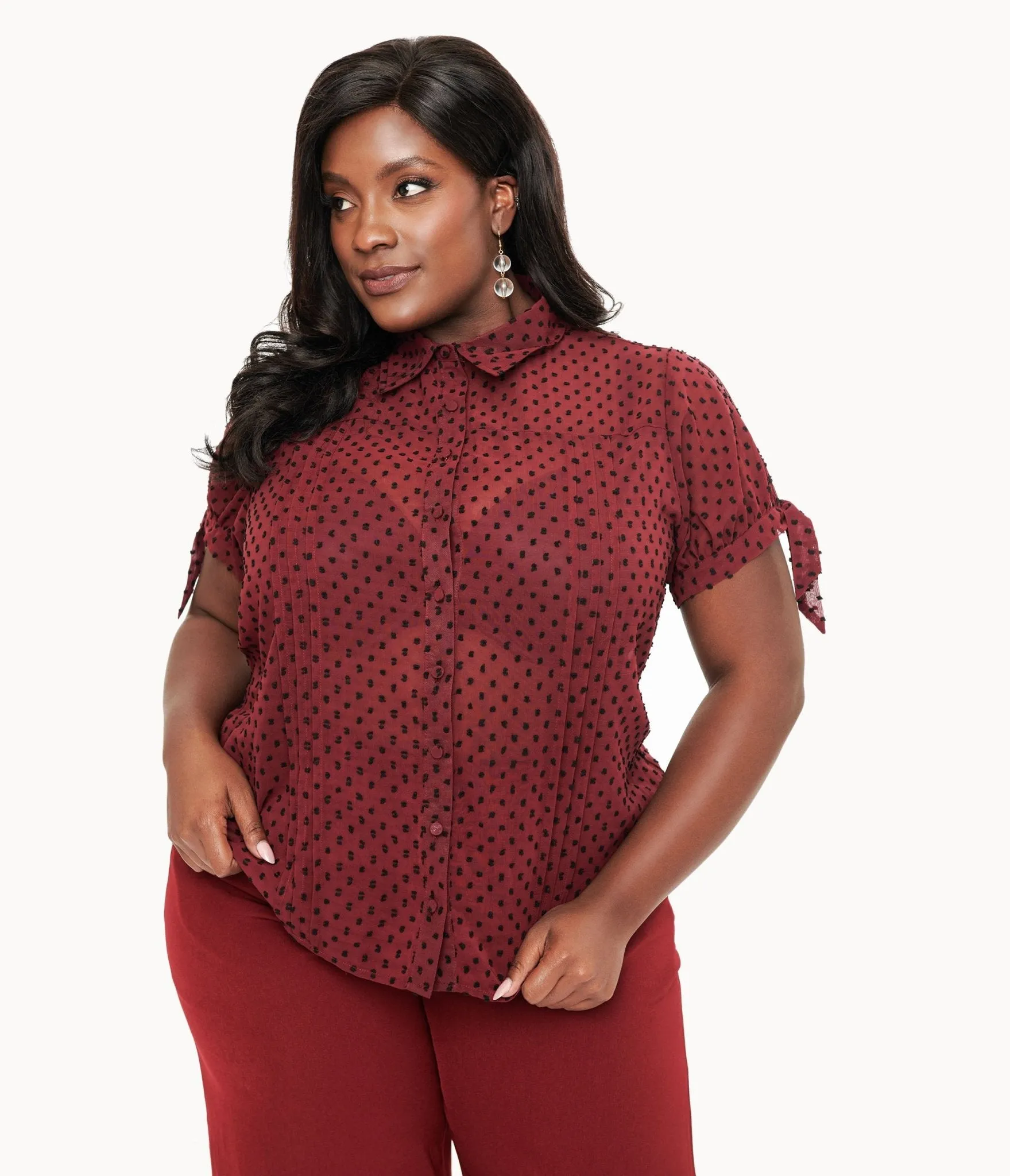 Unique Vintage Plus Size 1950s Burgundy & Black Clip Dot Tie Cuff Blouse Easy Date Night