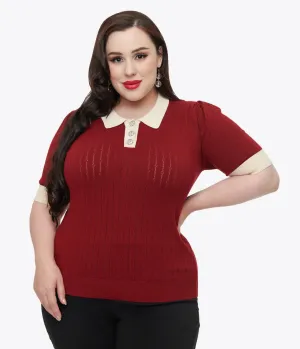 Unique Vintage Plus Size 1950s Burgundy & Rhinestone Buttons Prim & Pretty Sweater Easy Date Night