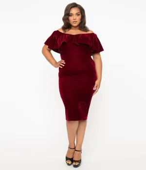 Unique Vintage Plus Size 1950s Burgundy Red Velvet Sophia Wiggle Dress Casual Everyday Look