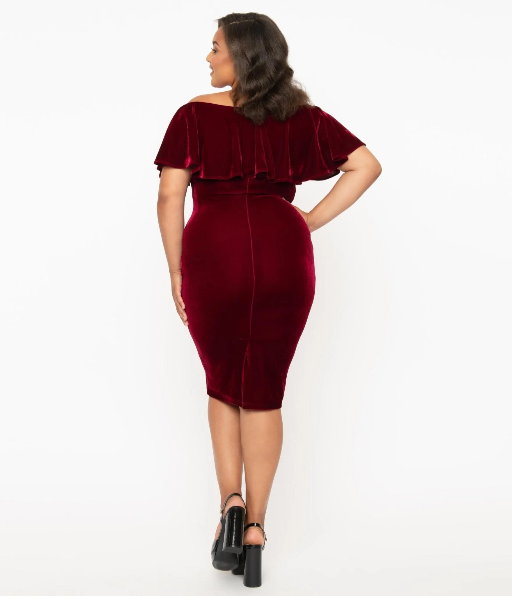 Unique Vintage Plus Size 1950s Burgundy Red Velvet Sophia Wiggle Dress Casual Everyday Look
