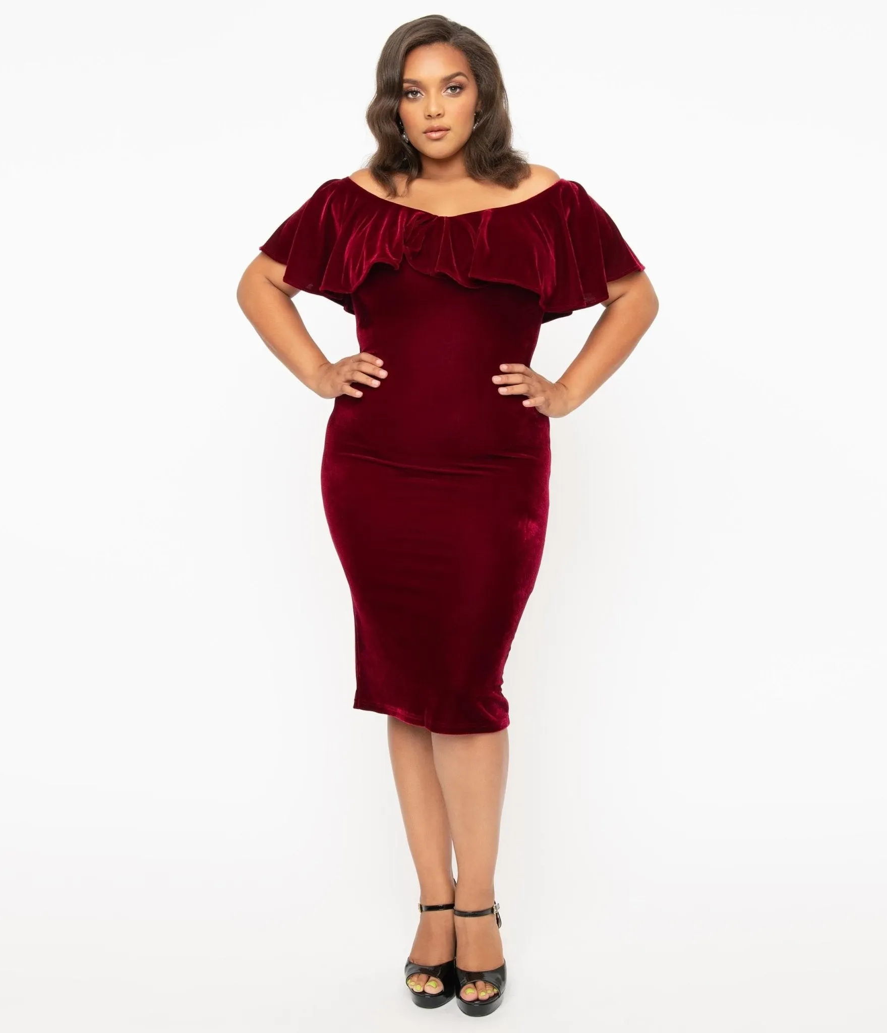 Unique Vintage Plus Size 1950s Burgundy Red Velvet Sophia Wiggle Dress Casual Everyday Look