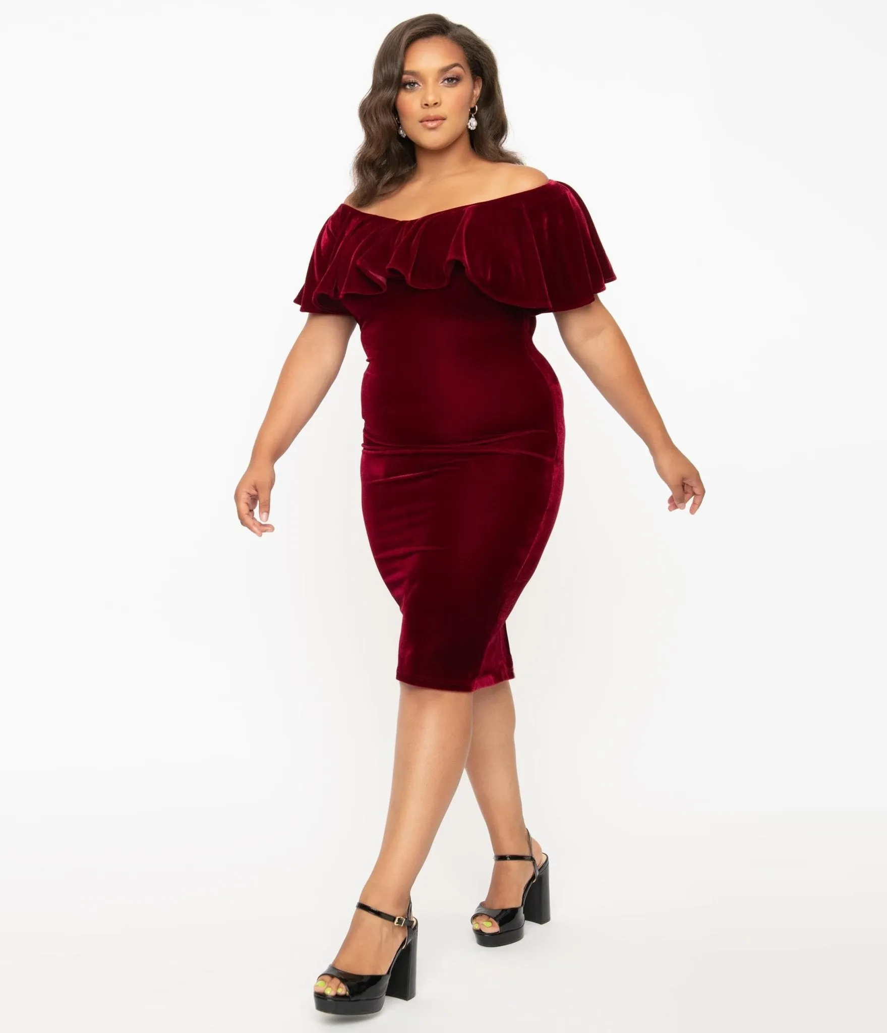 Unique Vintage Plus Size 1950s Burgundy Red Velvet Sophia Wiggle Dress Casual Everyday Look