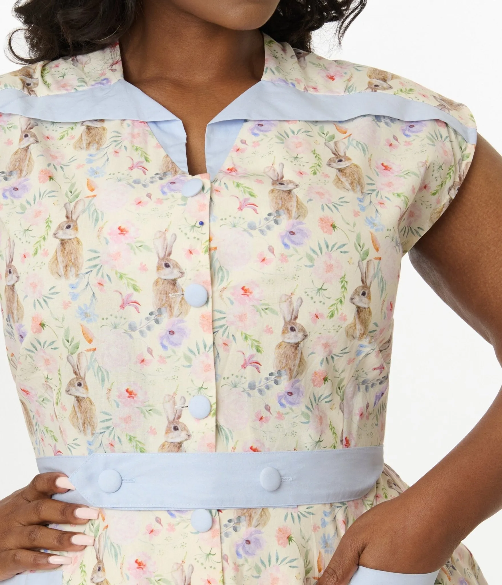 Unique Vintage Plus Size 1950s Cream & Light Blue Bunny Rabbit Print Hedda Swing Dress Casual Everyday Look