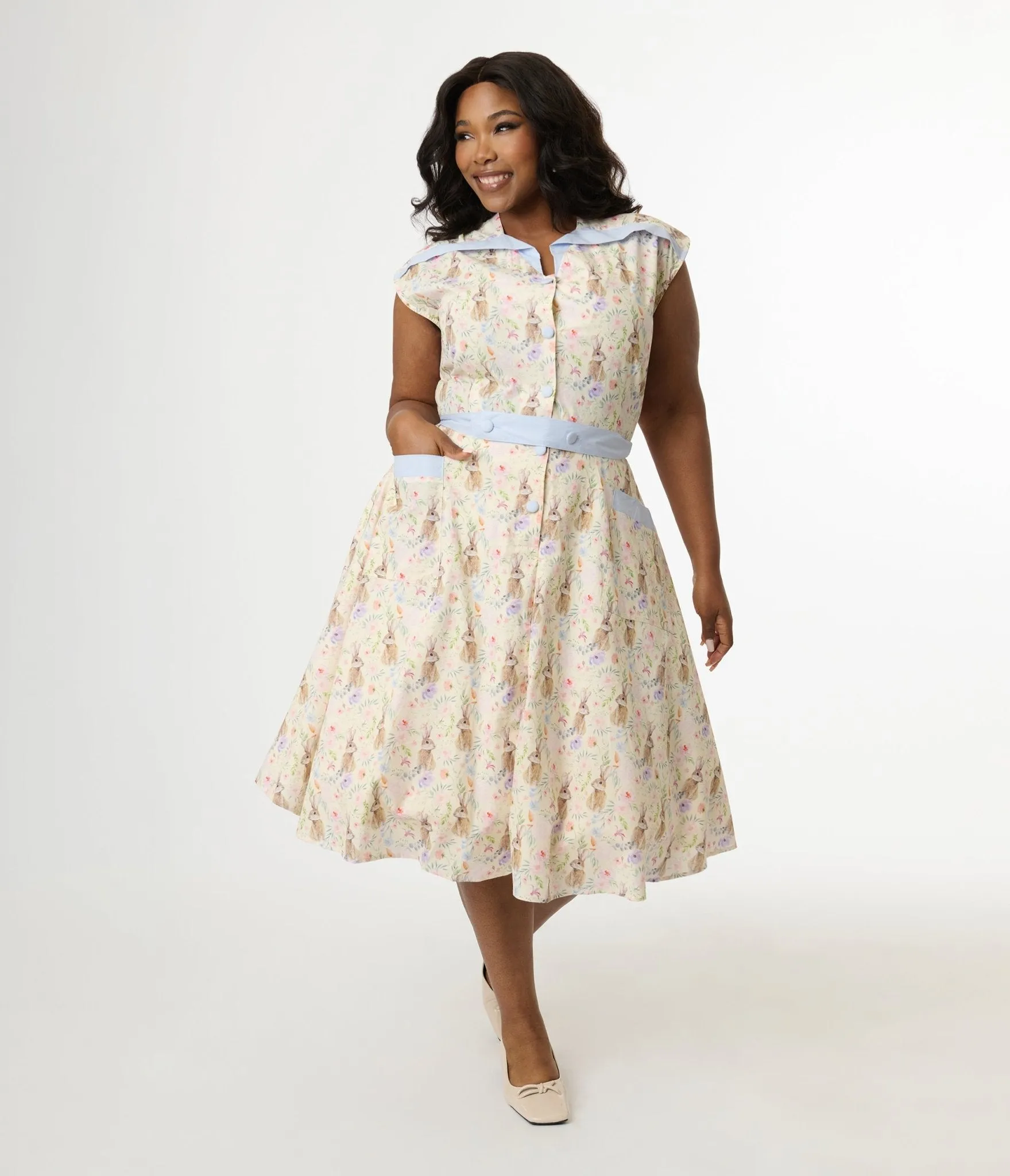 Unique Vintage Plus Size 1950s Cream & Light Blue Bunny Rabbit Print Hedda Swing Dress Casual Everyday Look