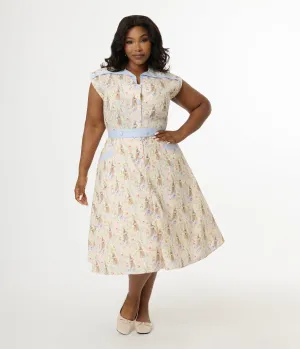 Unique Vintage Plus Size 1950s Cream & Light Blue Bunny Rabbit Print Hedda Swing Dress Casual Everyday Look