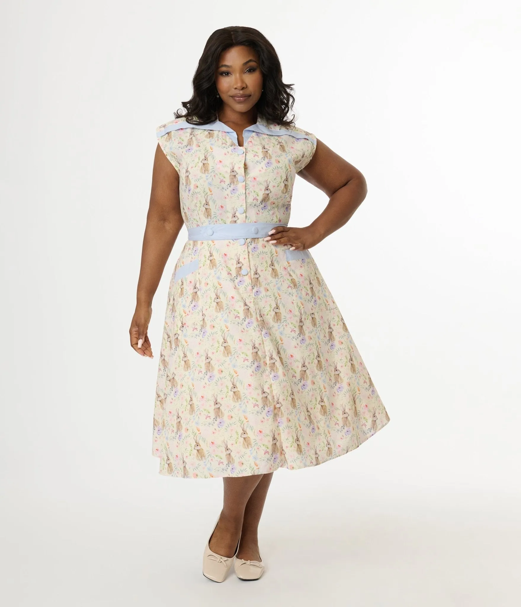 Unique Vintage Plus Size 1950s Cream & Light Blue Bunny Rabbit Print Hedda Swing Dress Casual Everyday Look