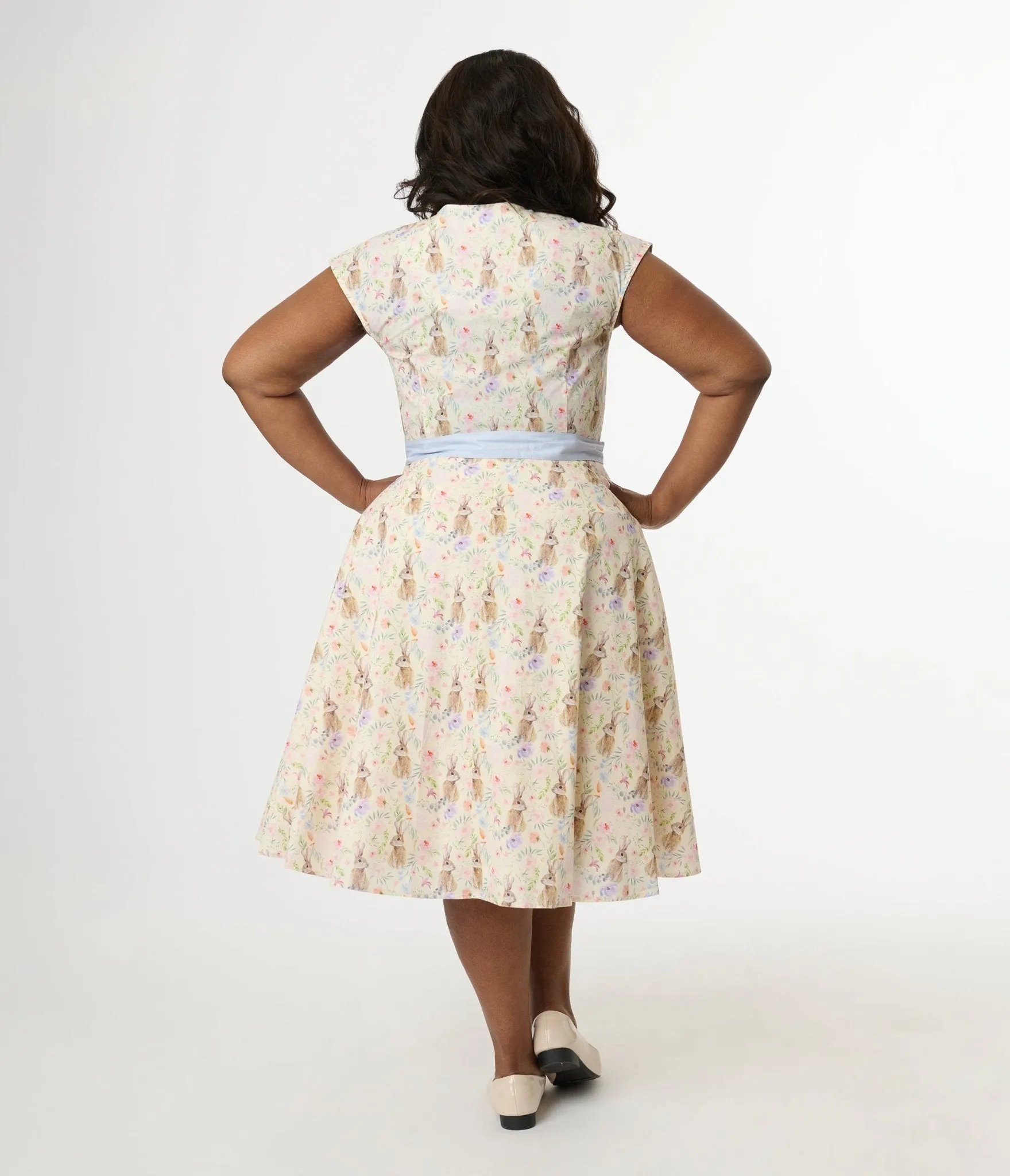 Unique Vintage Plus Size 1950s Cream & Light Blue Bunny Rabbit Print Hedda Swing Dress Casual Everyday Look