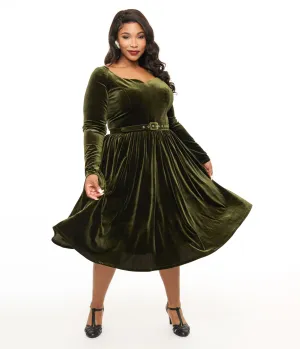 Unique Vintage Plus Size 1950s Dark Olive Velvet Sweetheart Swing Dress Casual Everyday Look