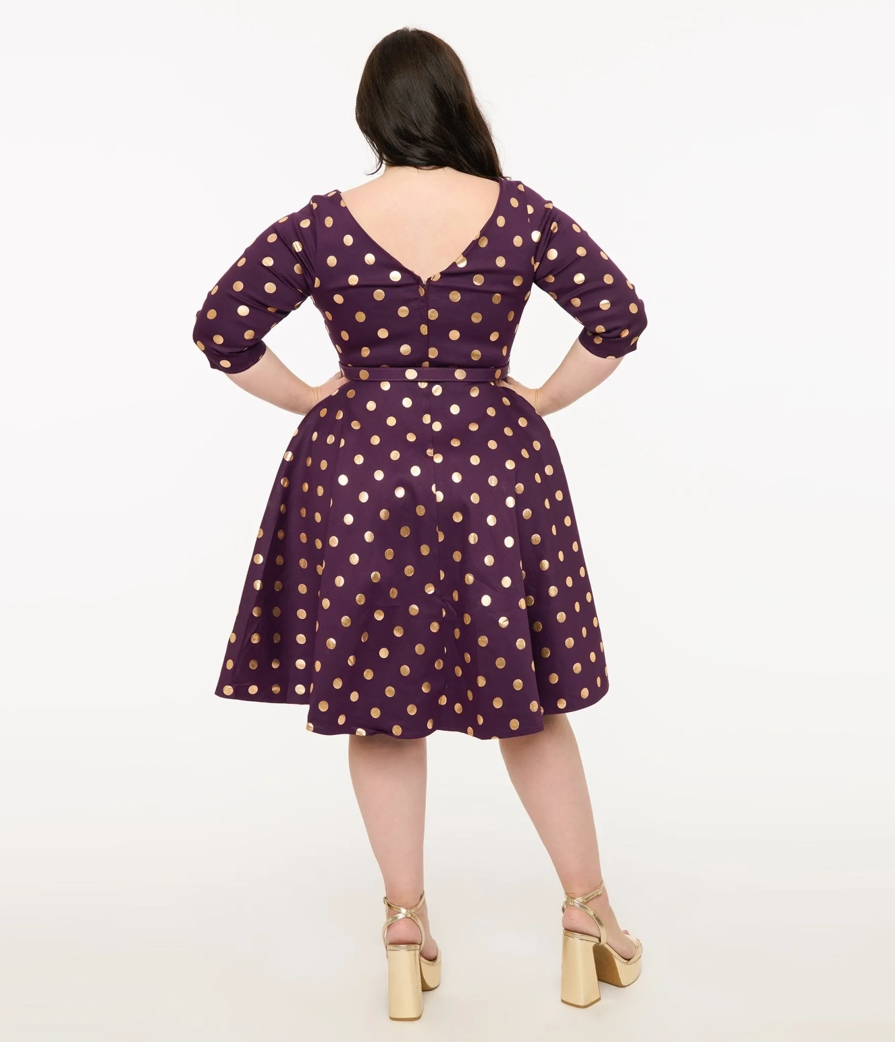 Unique Vintage Plus Size 1950s Eggplant Rose Foil Polka Dot Devon Swing Dress Casual Everyday Look