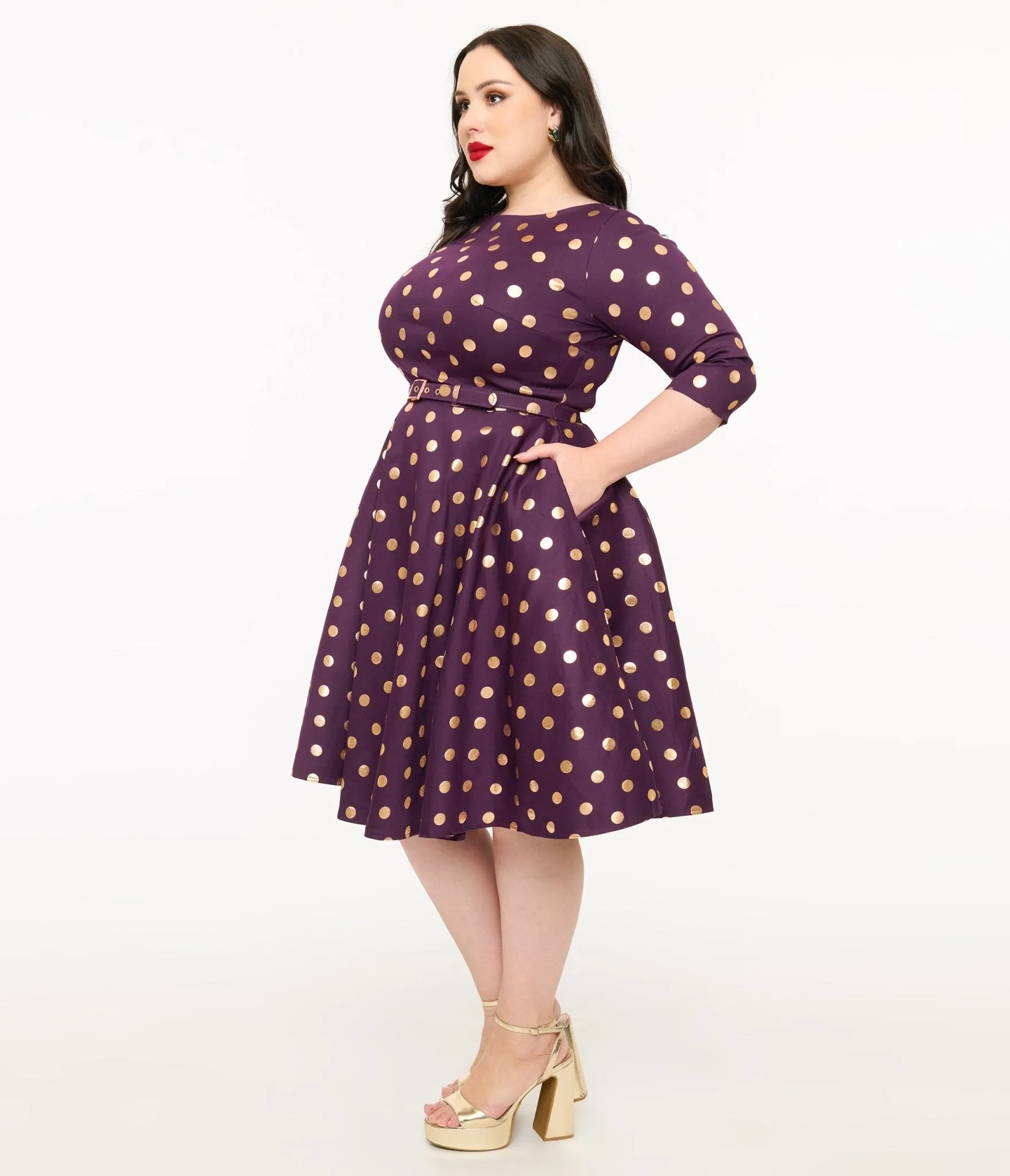 Unique Vintage Plus Size 1950s Eggplant Rose Foil Polka Dot Devon Swing Dress Casual Everyday Look