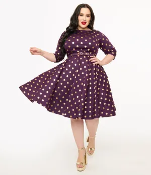 Unique Vintage Plus Size 1950s Eggplant Rose Foil Polka Dot Devon Swing Dress Casual Everyday Look