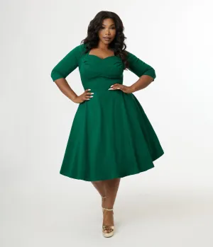 Unique Vintage Plus Size 1950s Emerald Green Pleated Bust Swing Dress Casual Everyday Look