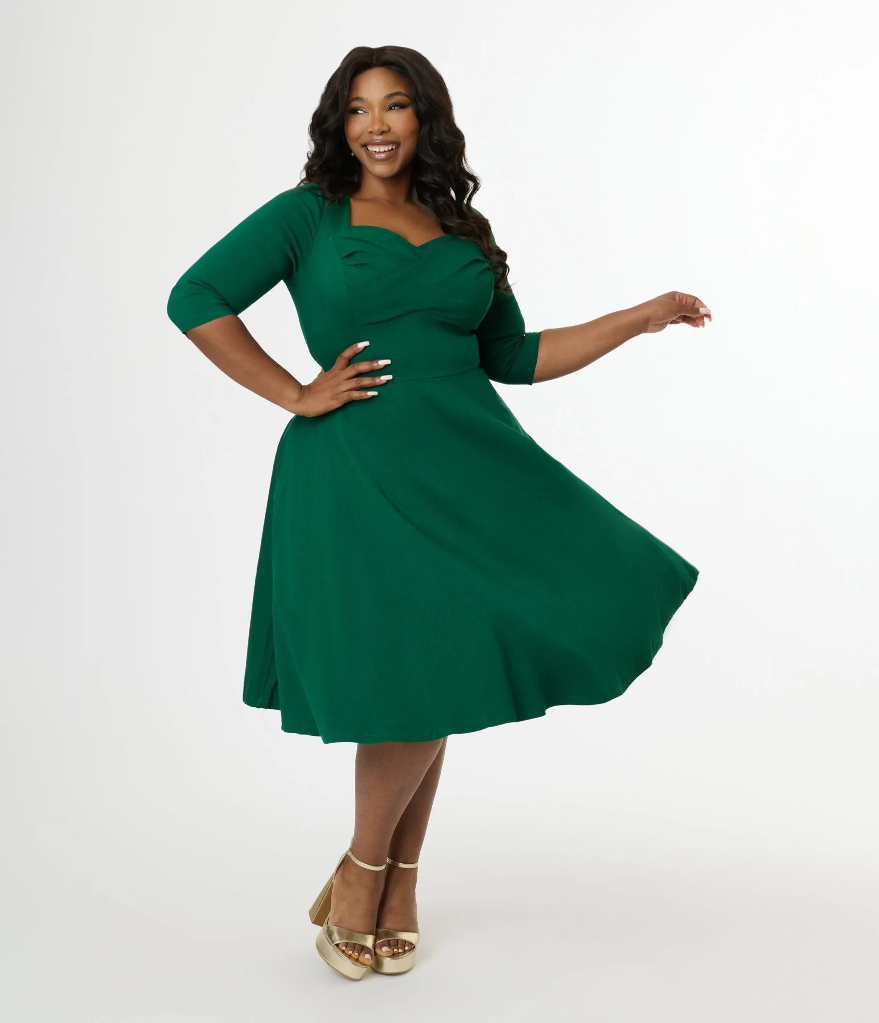 Unique Vintage Plus Size 1950s Emerald Green Pleated Bust Swing Dress Casual Everyday Look