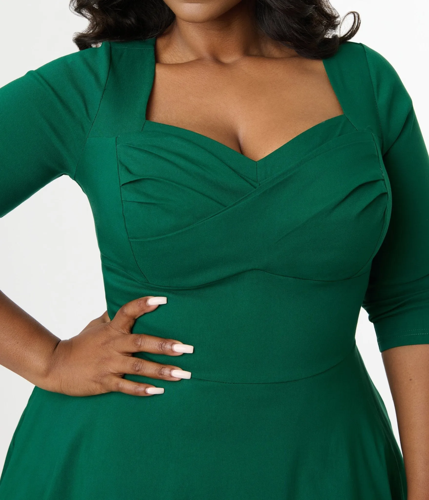 Unique Vintage Plus Size 1950s Emerald Green Pleated Bust Swing Dress Casual Everyday Look