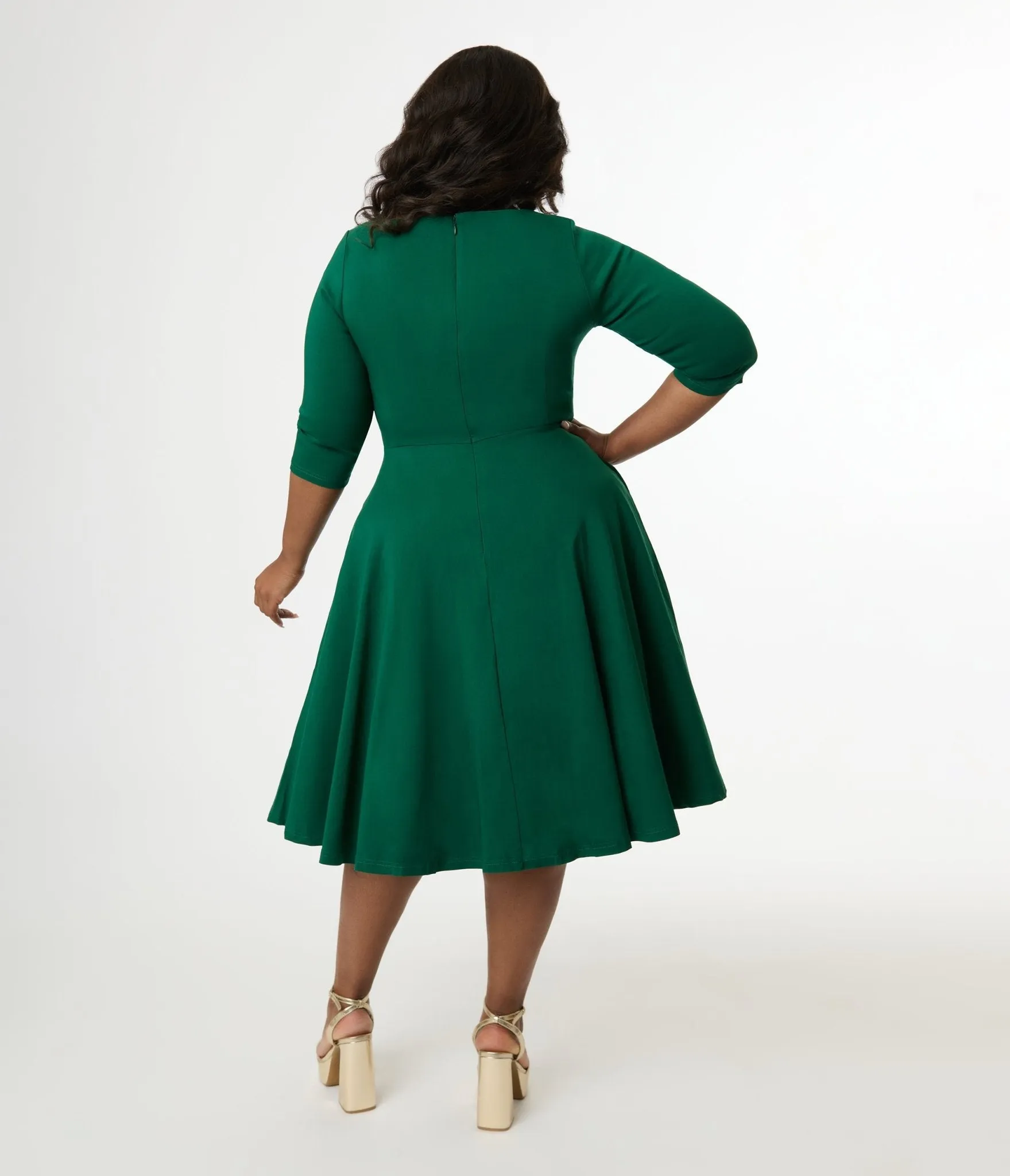 Unique Vintage Plus Size 1950s Emerald Green Pleated Bust Swing Dress Casual Everyday Look