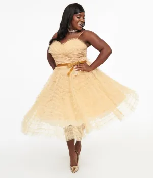 Unique Vintage Plus Size 1950s Gold Glitter Tulle Cupcake Swing Dress Casual Everyday Look