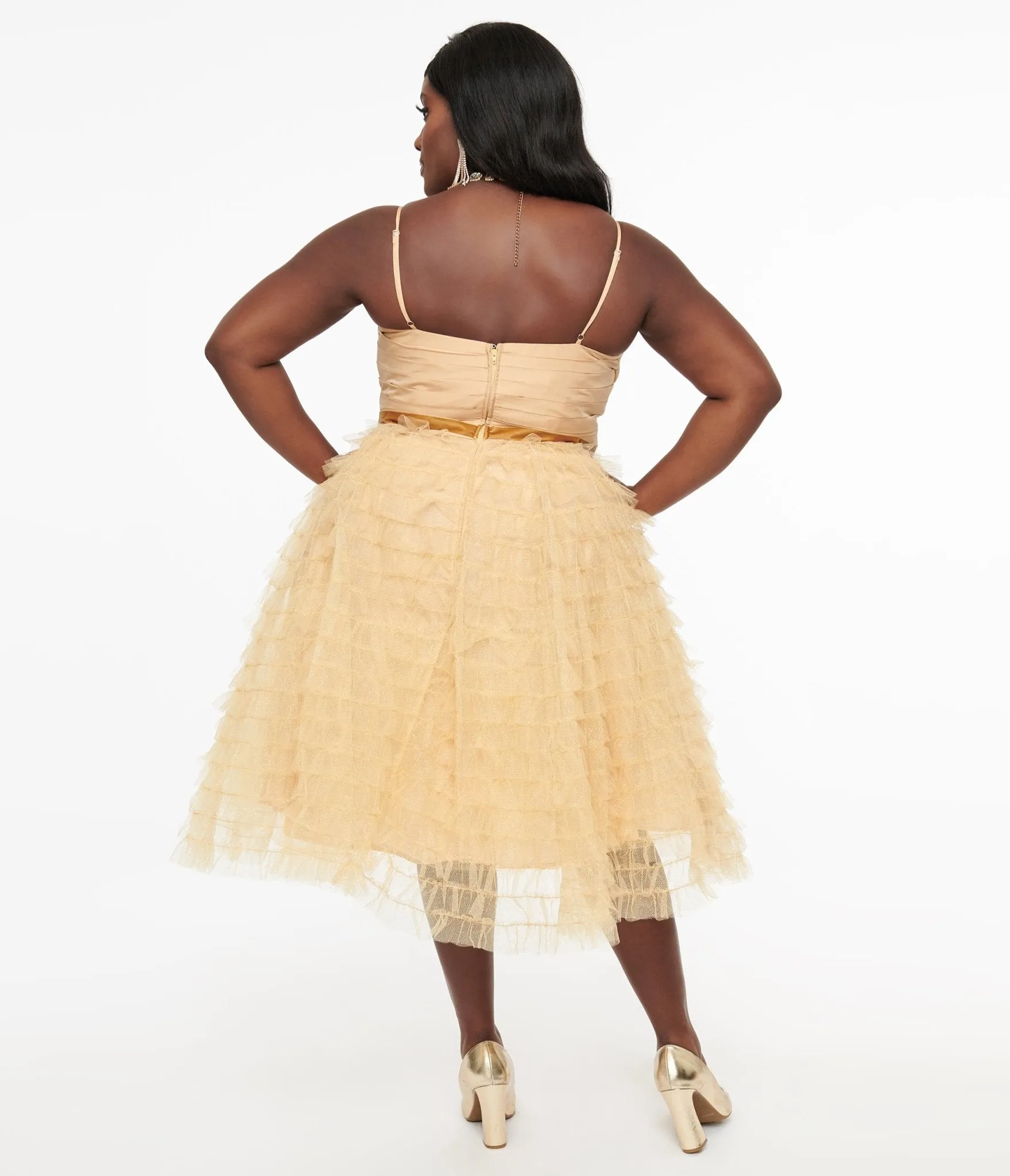 Unique Vintage Plus Size 1950s Gold Glitter Tulle Cupcake Swing Dress Casual Everyday Look
