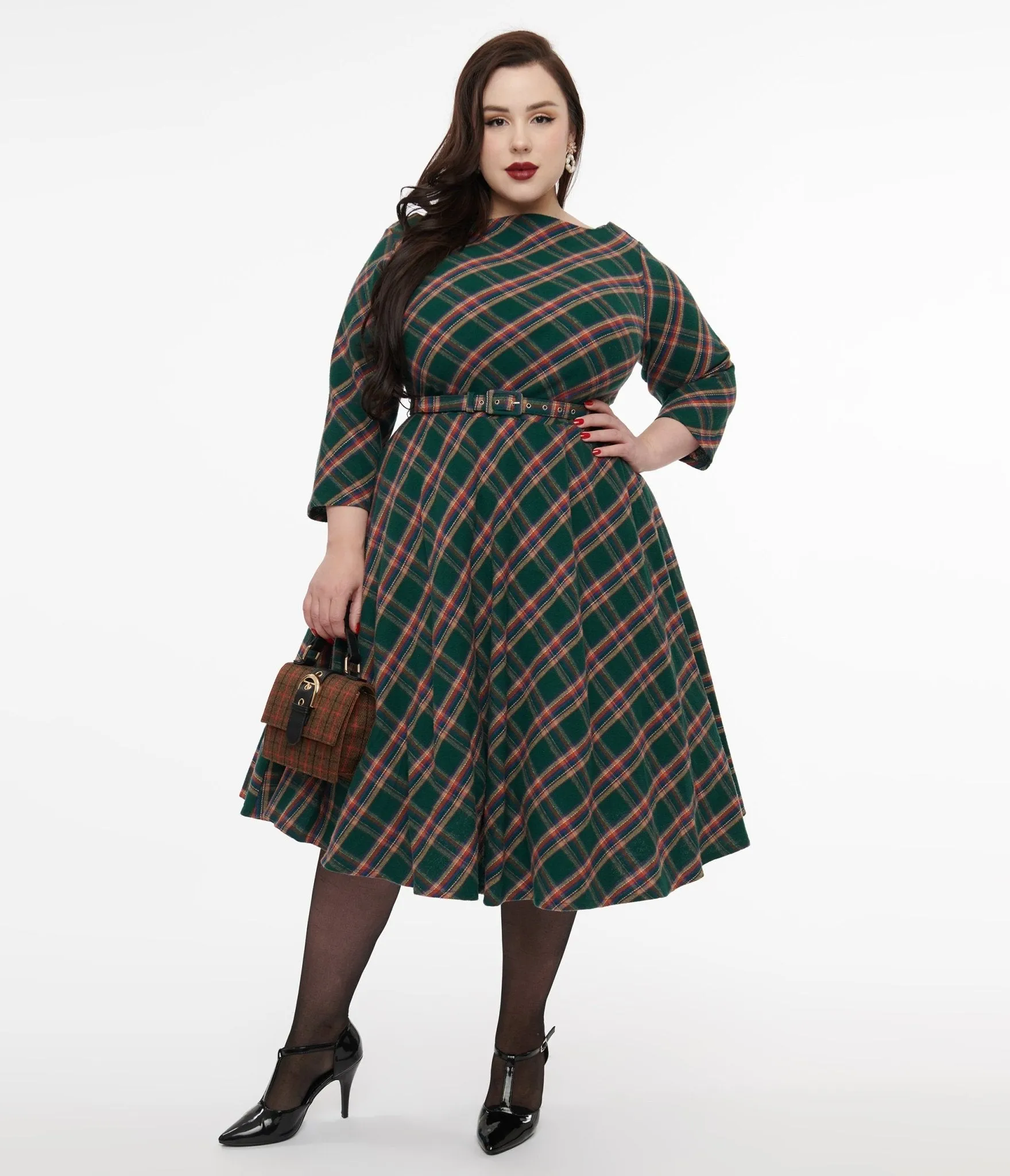 Unique Vintage Plus Size 1950s Green & Tan Plaid Devon Swing Dress Casual Everyday Look