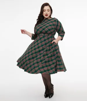 Unique Vintage Plus Size 1950s Green & Tan Plaid Devon Swing Dress Casual Everyday Look