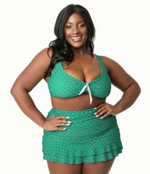 Unique Vintage Plus Size 1950s Green & White Pin Dot Swim Top Beach Vacation Ready