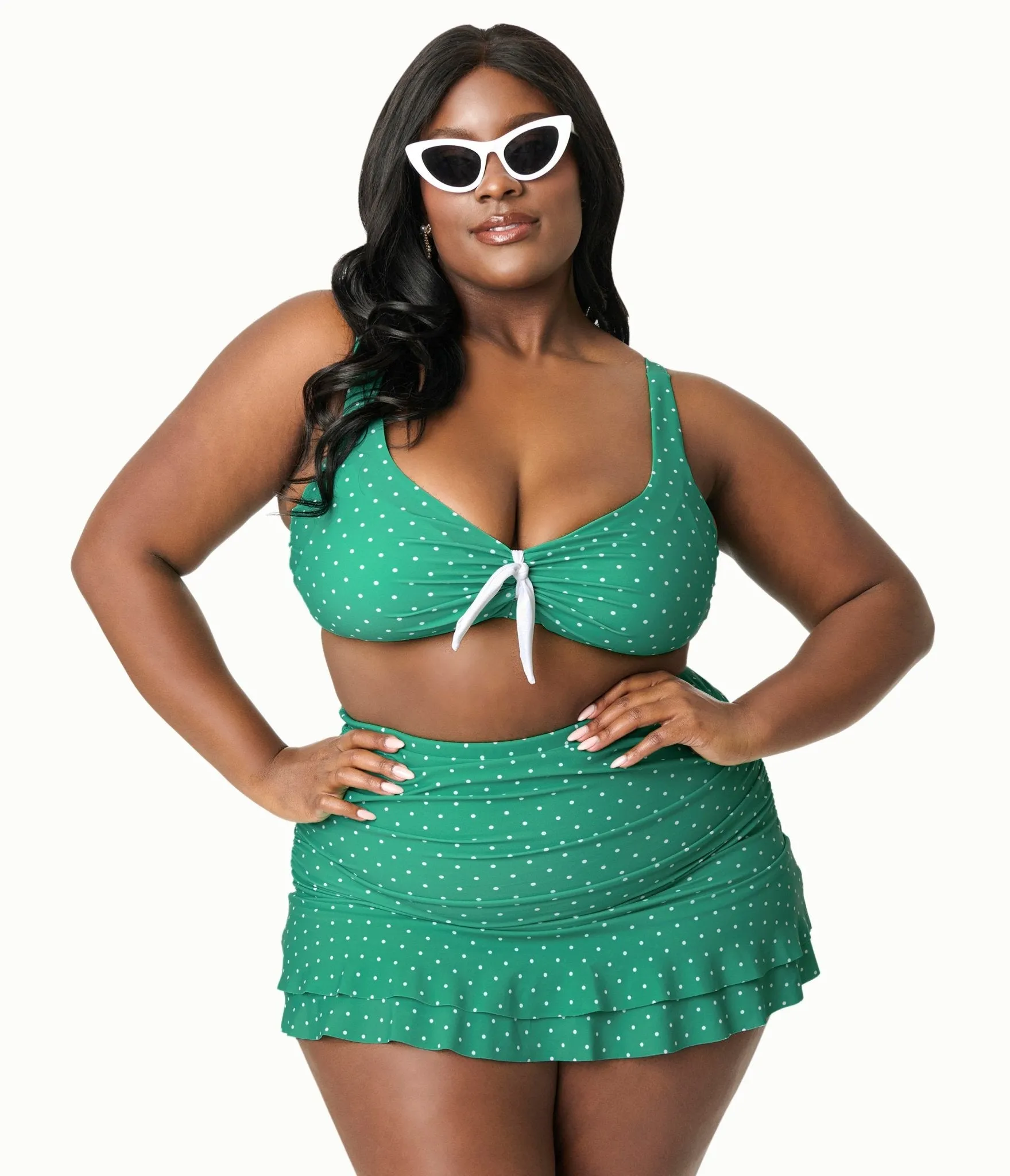 Unique Vintage Plus Size 1950s Green & White Pin Dot Swim Top Beach Vacation Ready