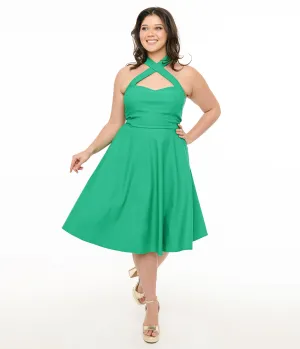 Unique Vintage Plus Size 1950s Green Criss Cross Halter Rita Flare Dress Casual Everyday Look