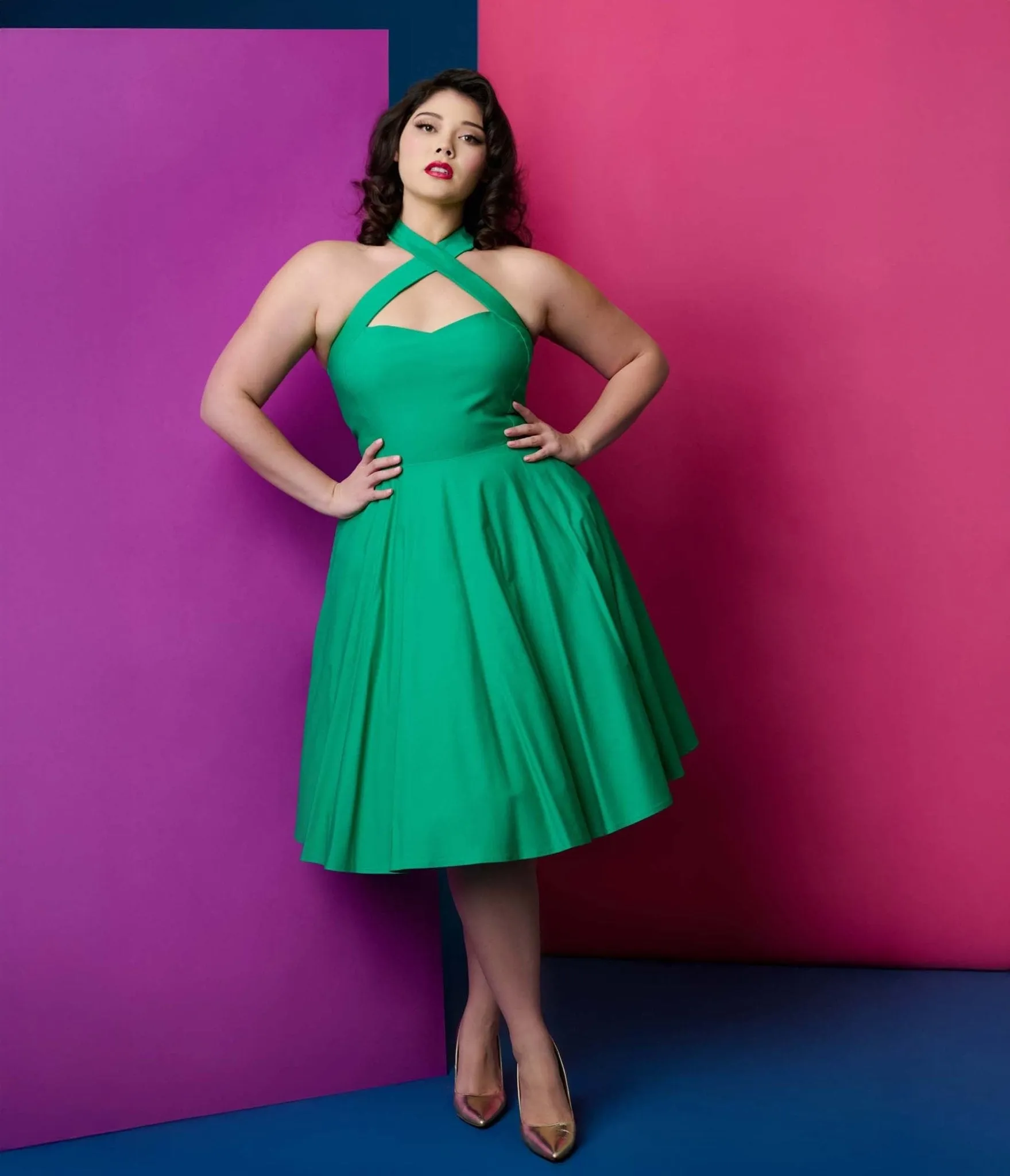 Unique Vintage Plus Size 1950s Green Criss Cross Halter Rita Flare Dress Casual Everyday Look