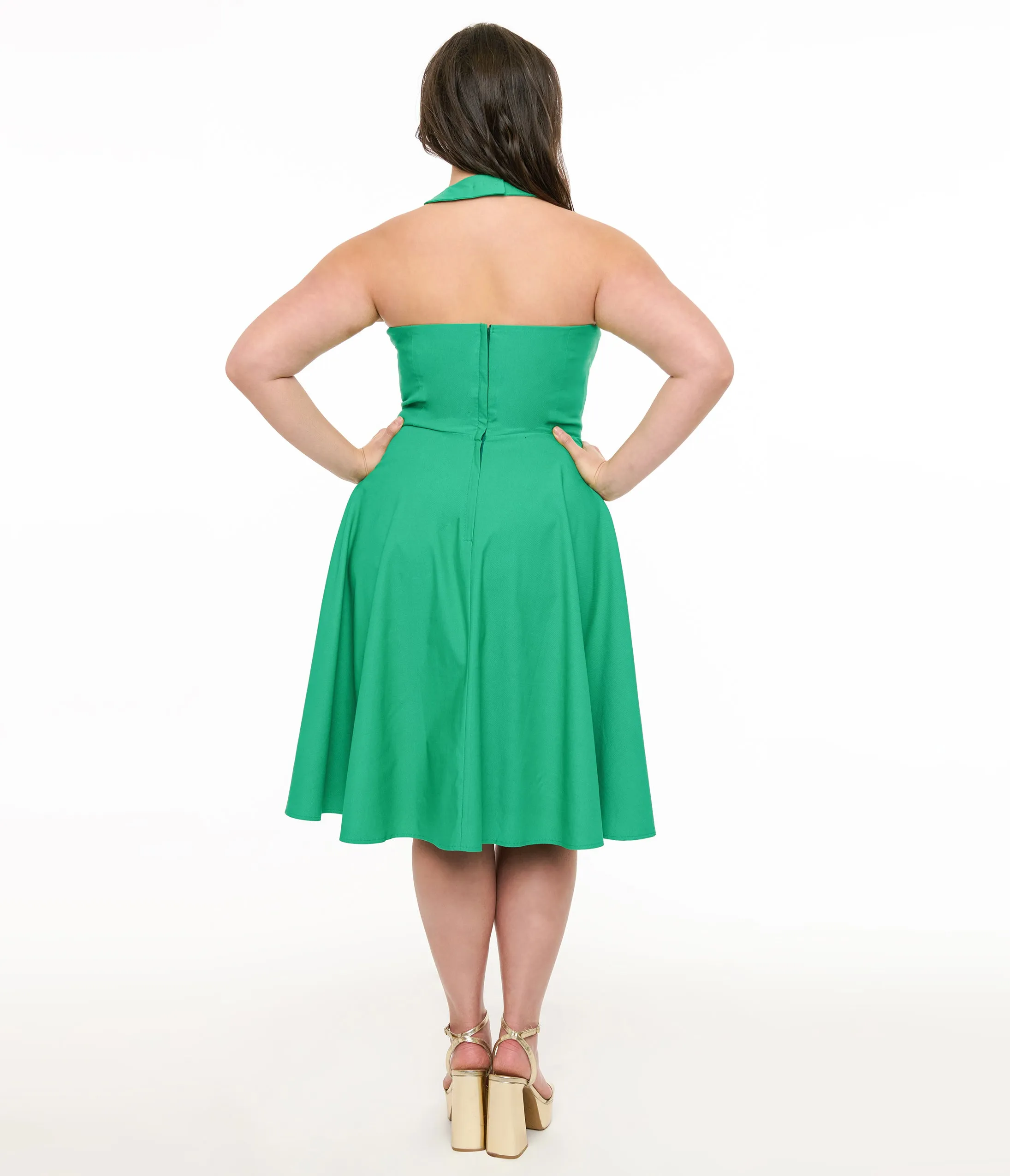 Unique Vintage Plus Size 1950s Green Criss Cross Halter Rita Flare Dress Casual Everyday Look