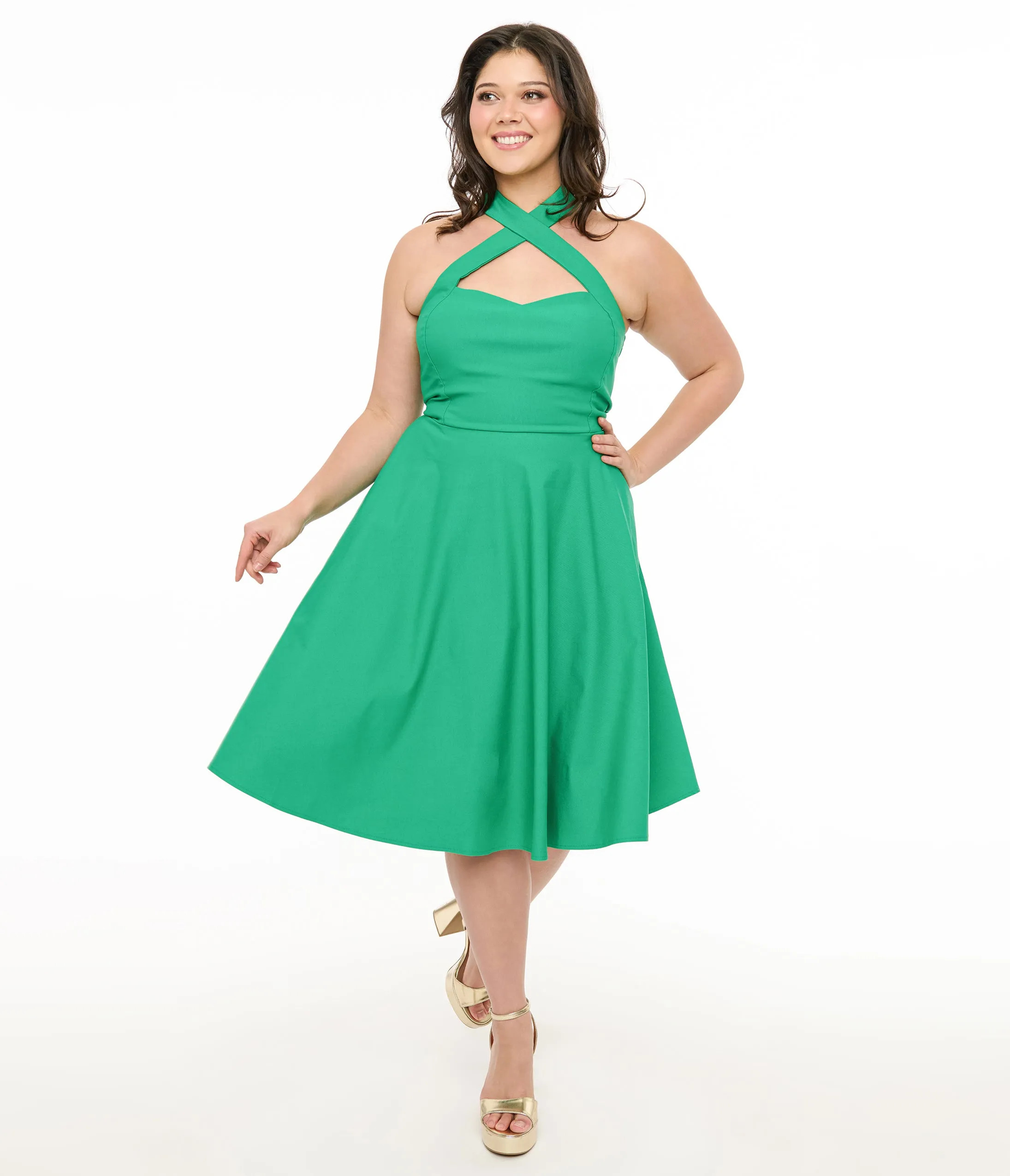 Unique Vintage Plus Size 1950s Green Criss Cross Halter Rita Flare Dress Casual Everyday Look