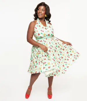 Unique Vintage Plus Size 1950s Green Gingham Spooky Fruit Print Halter Swing Dress Casual Everyday Look