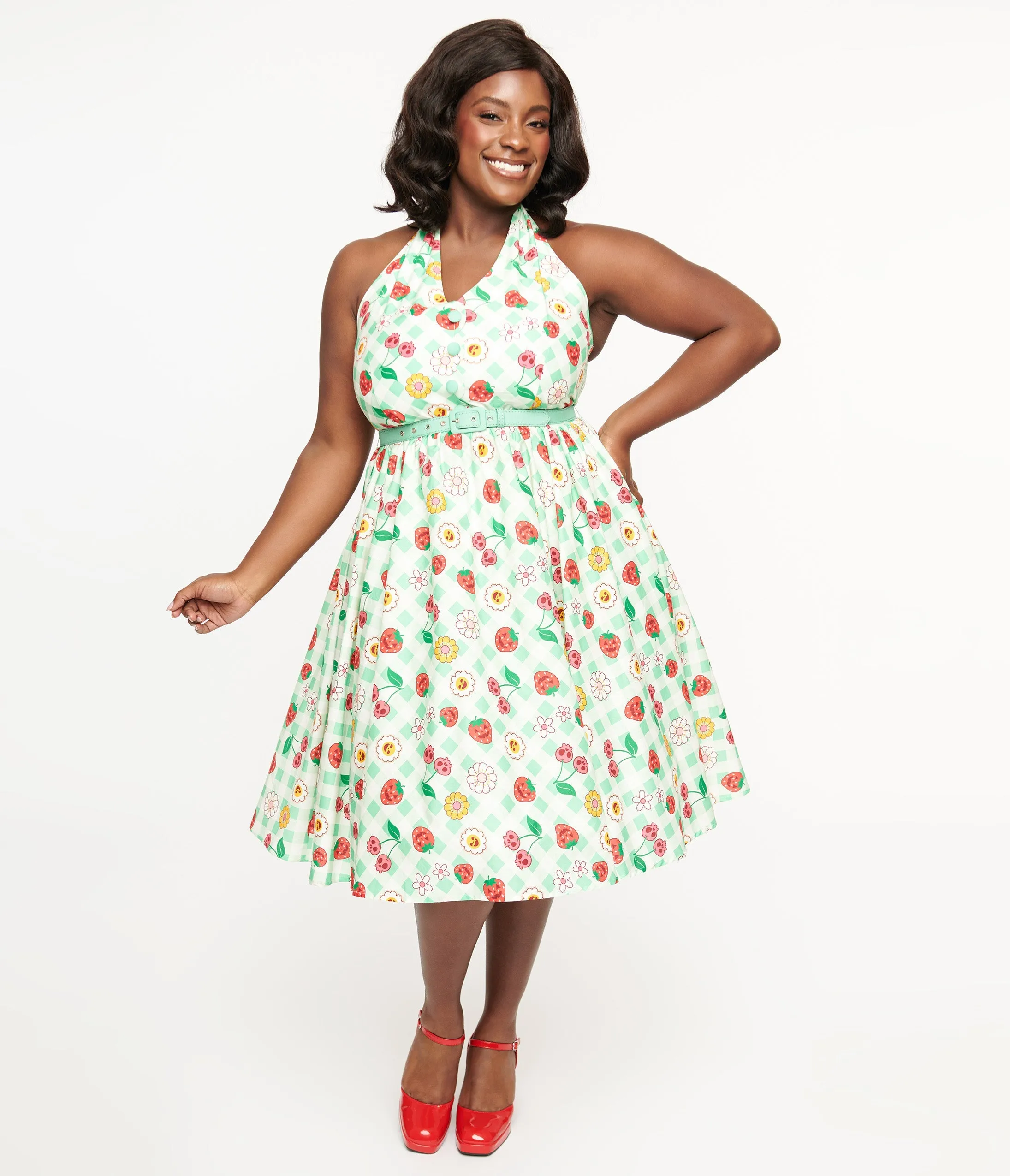 Unique Vintage Plus Size 1950s Green Gingham Spooky Fruit Print Halter Swing Dress Casual Everyday Look
