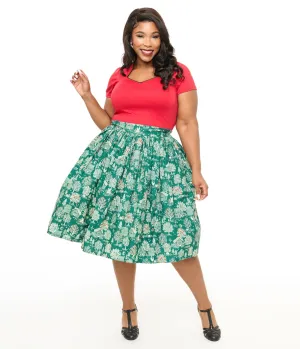 Unique Vintage Plus Size 1950s Green Winter Print Gellar Swing Skirt Comfortable Travel Wear