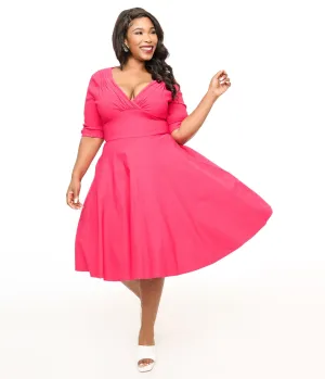 Unique Vintage Plus Size 1950s Hot Pink Delores Swing Dress Casual Everyday Look