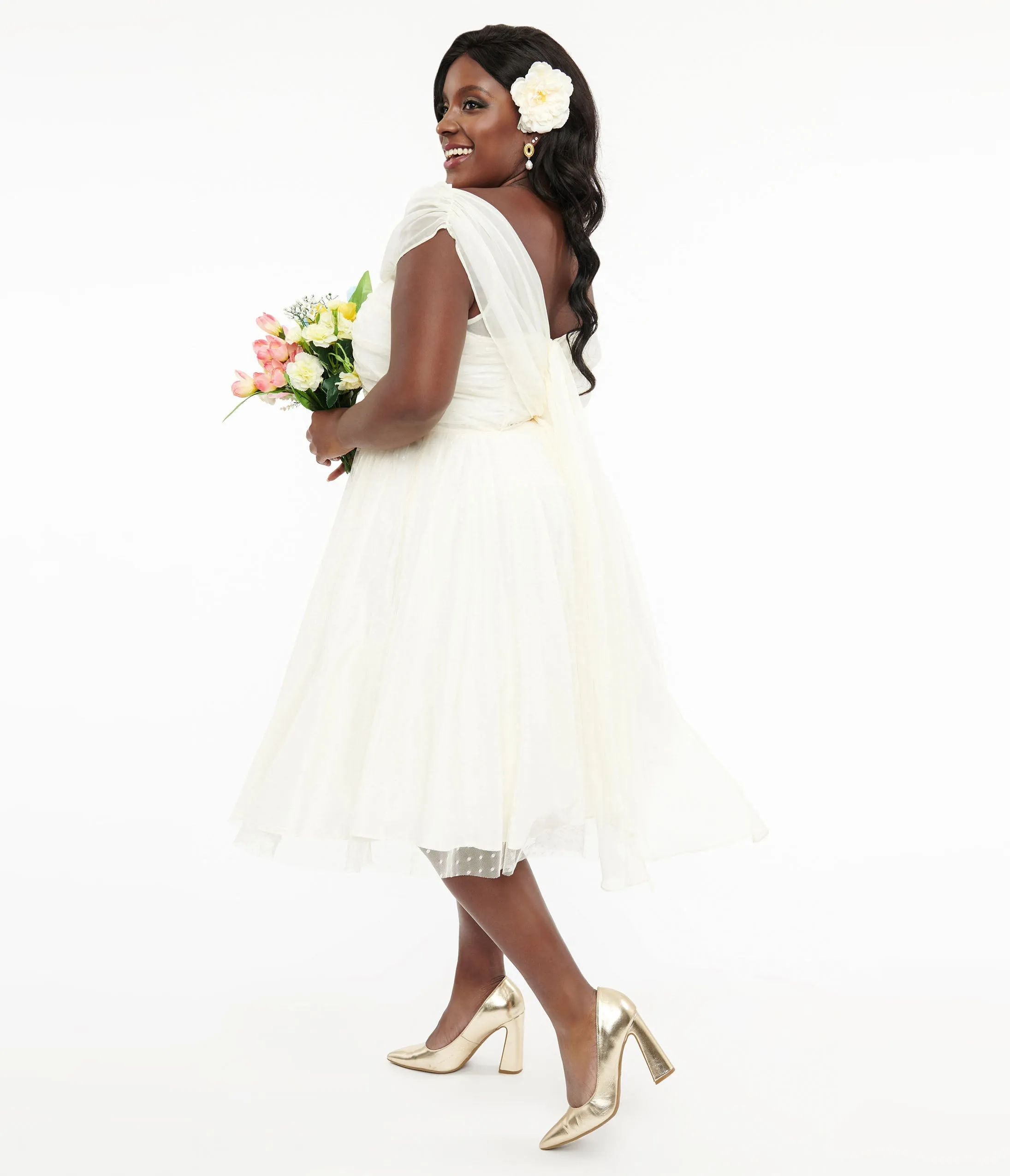 Unique Vintage Plus Size 1950s Ivory Clip Dot Off The Shoulder Cocktail Dress Casual Everyday Look