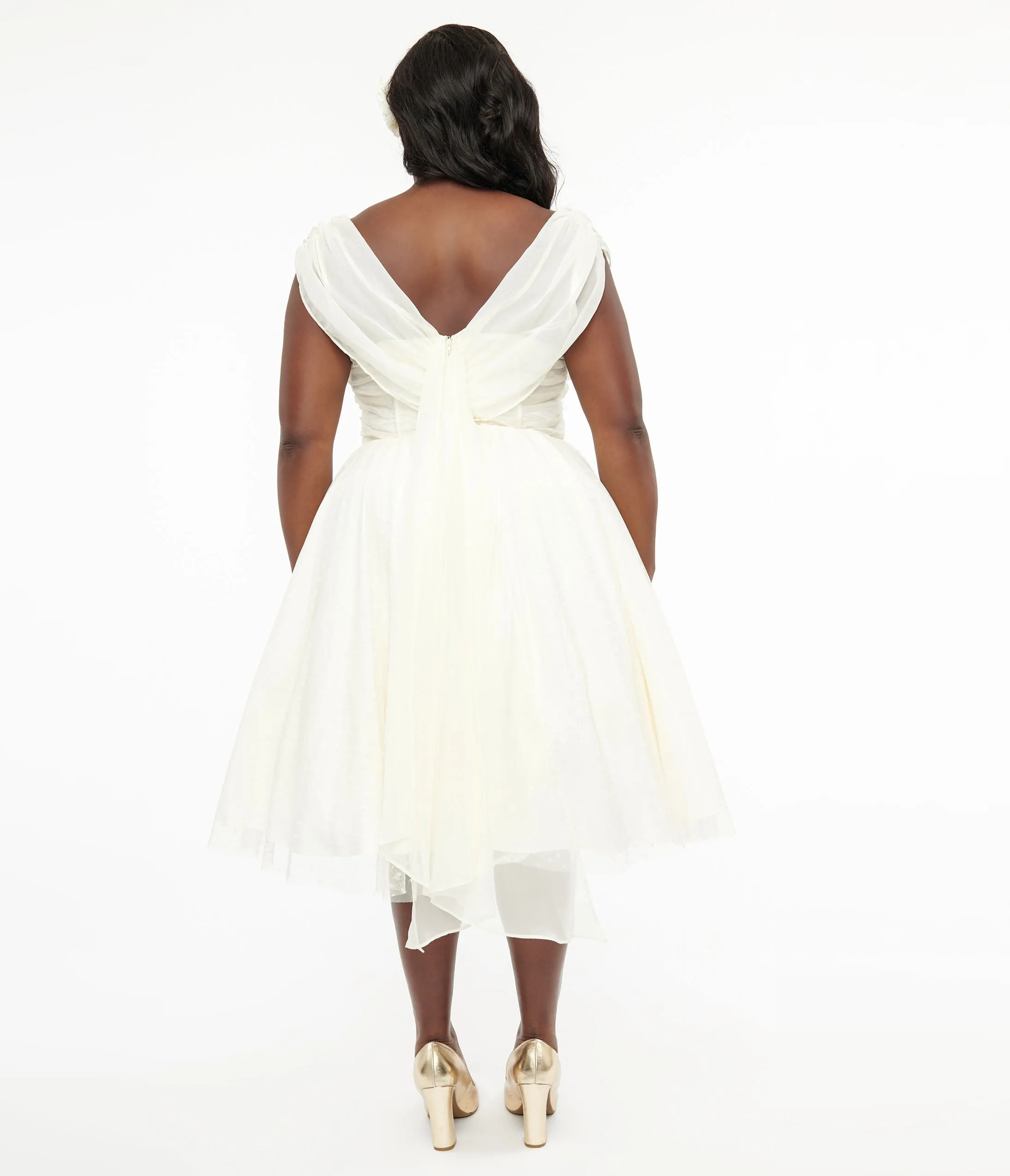 Unique Vintage Plus Size 1950s Ivory Clip Dot Off The Shoulder Cocktail Dress Casual Everyday Look