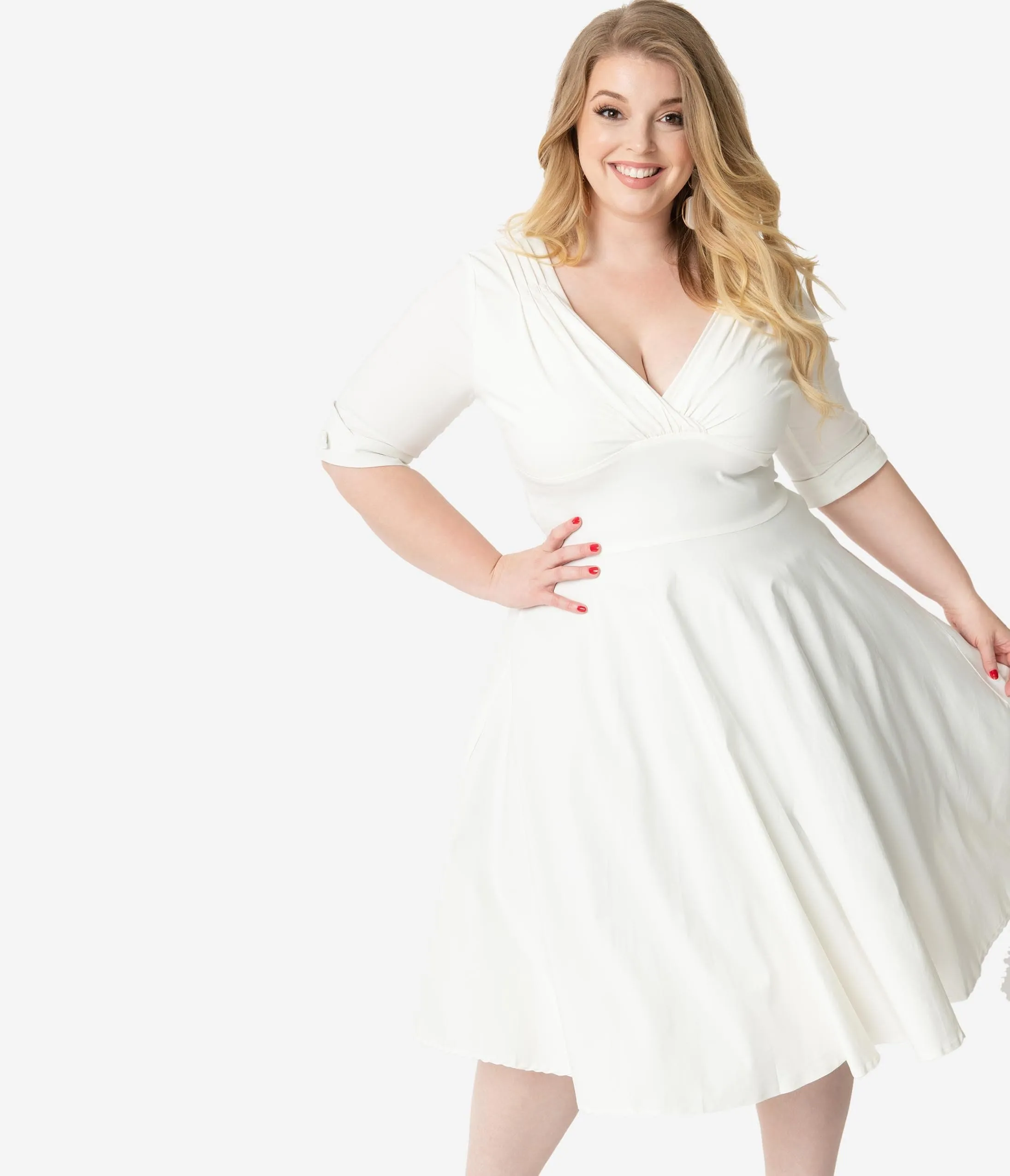 Unique Vintage Plus Size 1950s Ivory Delores Swing Dress with Sleeves Casual Everyday Look