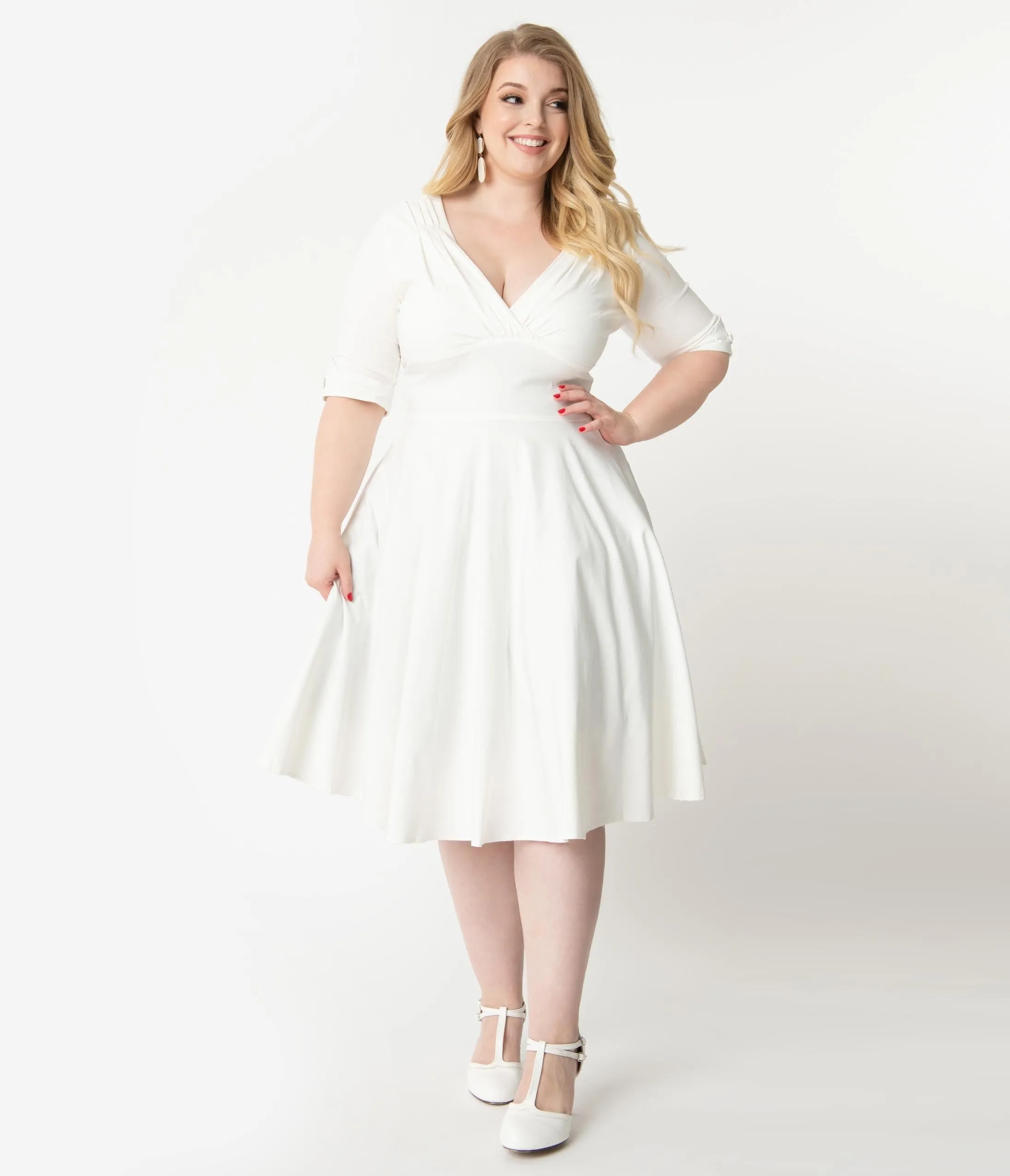 Unique Vintage Plus Size 1950s Ivory Delores Swing Dress with Sleeves Casual Everyday Look