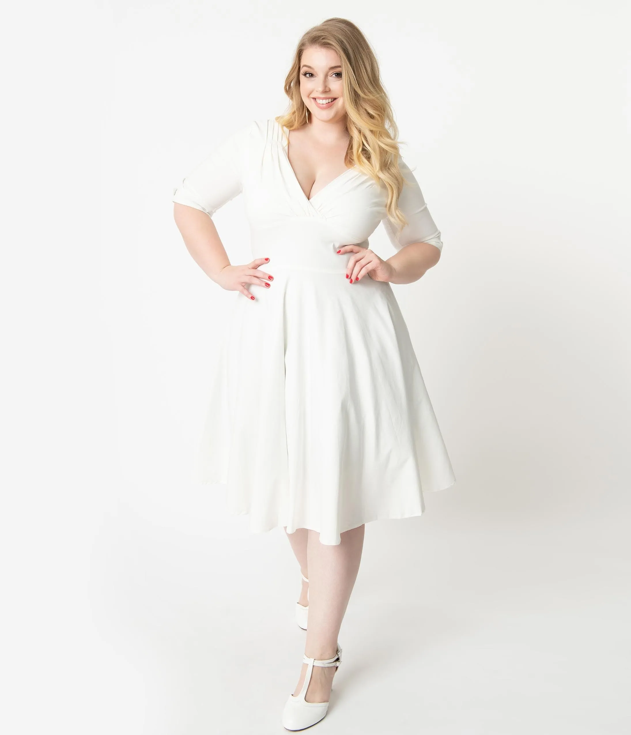 Unique Vintage Plus Size 1950s Ivory Delores Swing Dress with Sleeves Casual Everyday Look