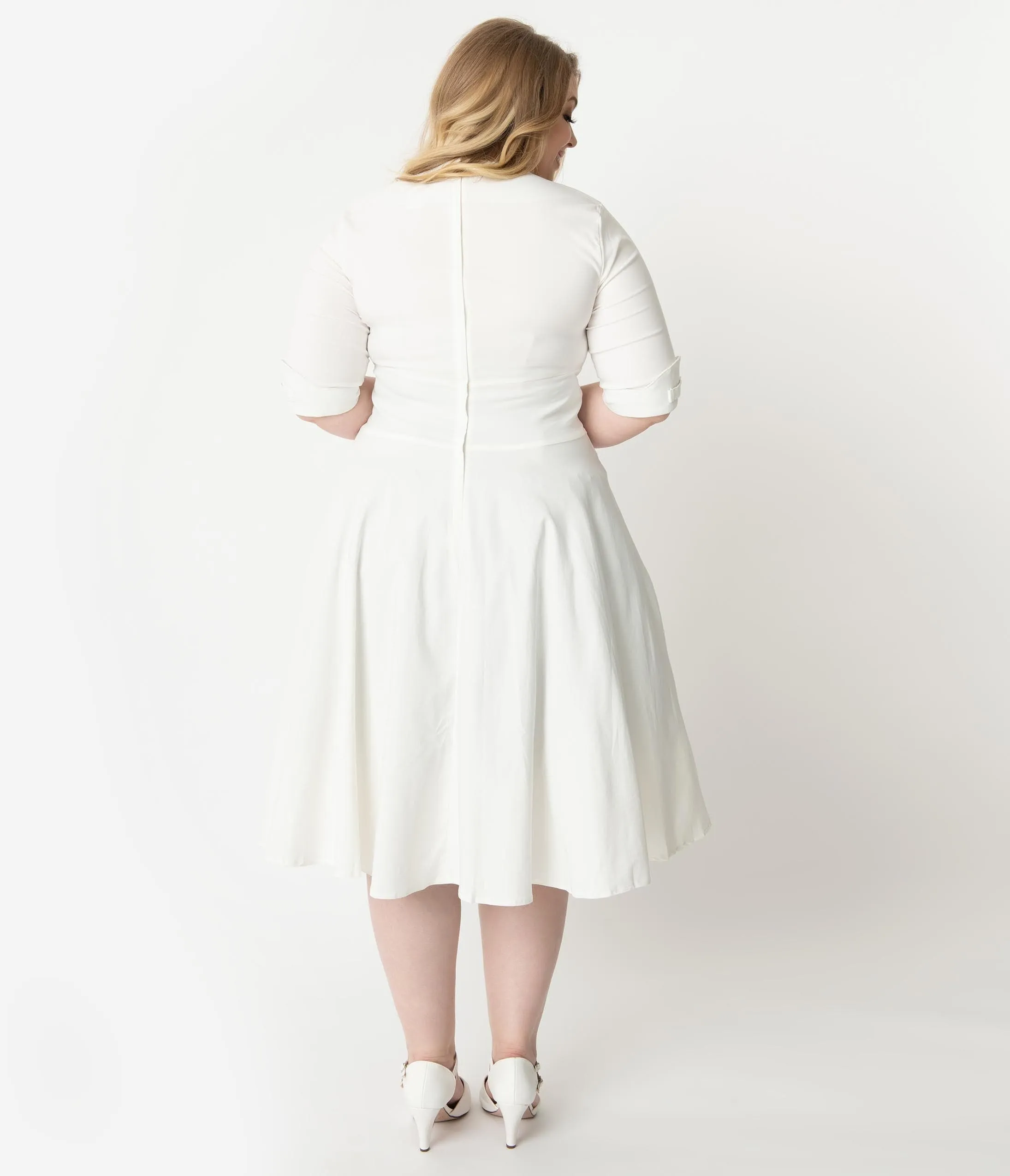 Unique Vintage Plus Size 1950s Ivory Delores Swing Dress with Sleeves Casual Everyday Look