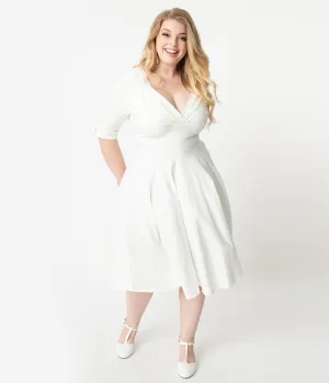 Unique Vintage Plus Size 1950s Ivory Delores Swing Dress with Sleeves Casual Everyday Look