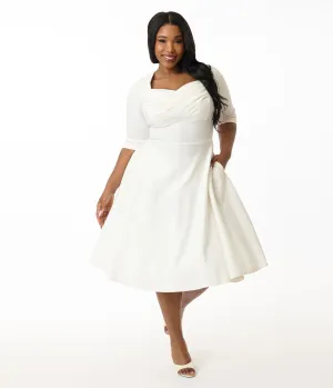 Unique Vintage Plus Size 1950s Ivory Pleated Bust Swing Dress Casual Everyday Look