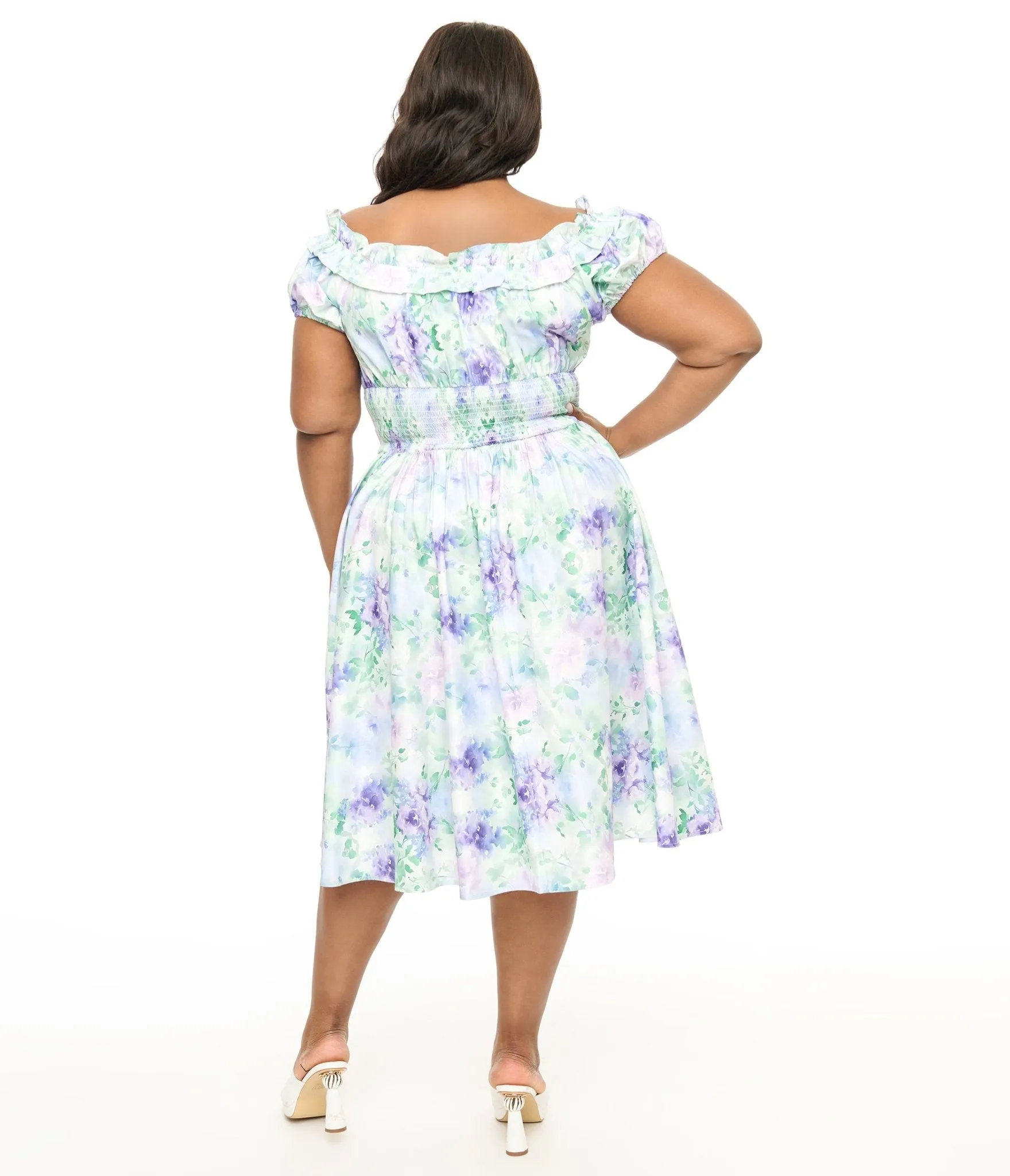 Unique Vintage Plus Size 1950s Lavender Floral Off The Shoulder Ruffle Swing Dress Casual Everyday Look