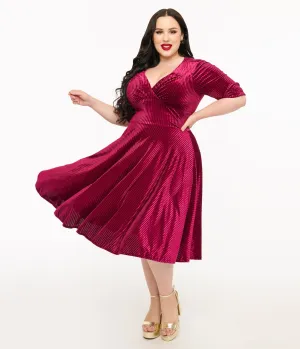Unique Vintage Plus Size 1950s Merlot Textured Velvet Delores Swing Dress Casual Everyday Look