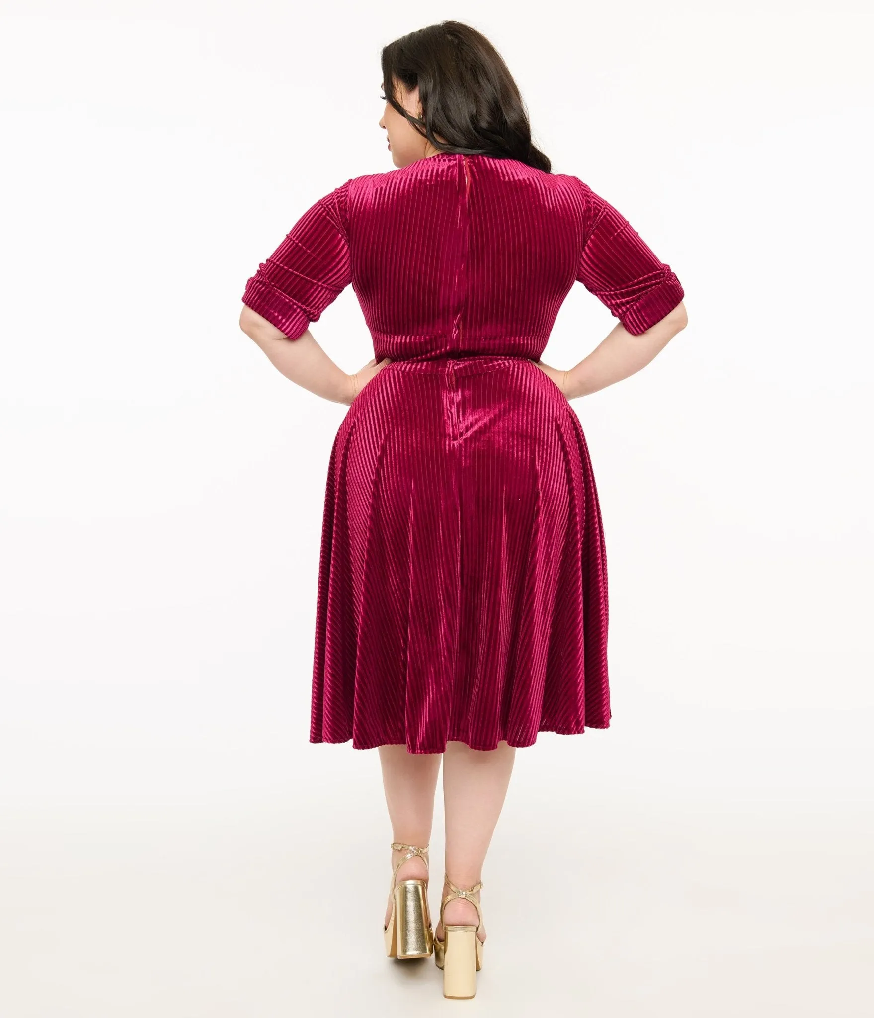 Unique Vintage Plus Size 1950s Merlot Textured Velvet Delores Swing Dress Casual Everyday Look