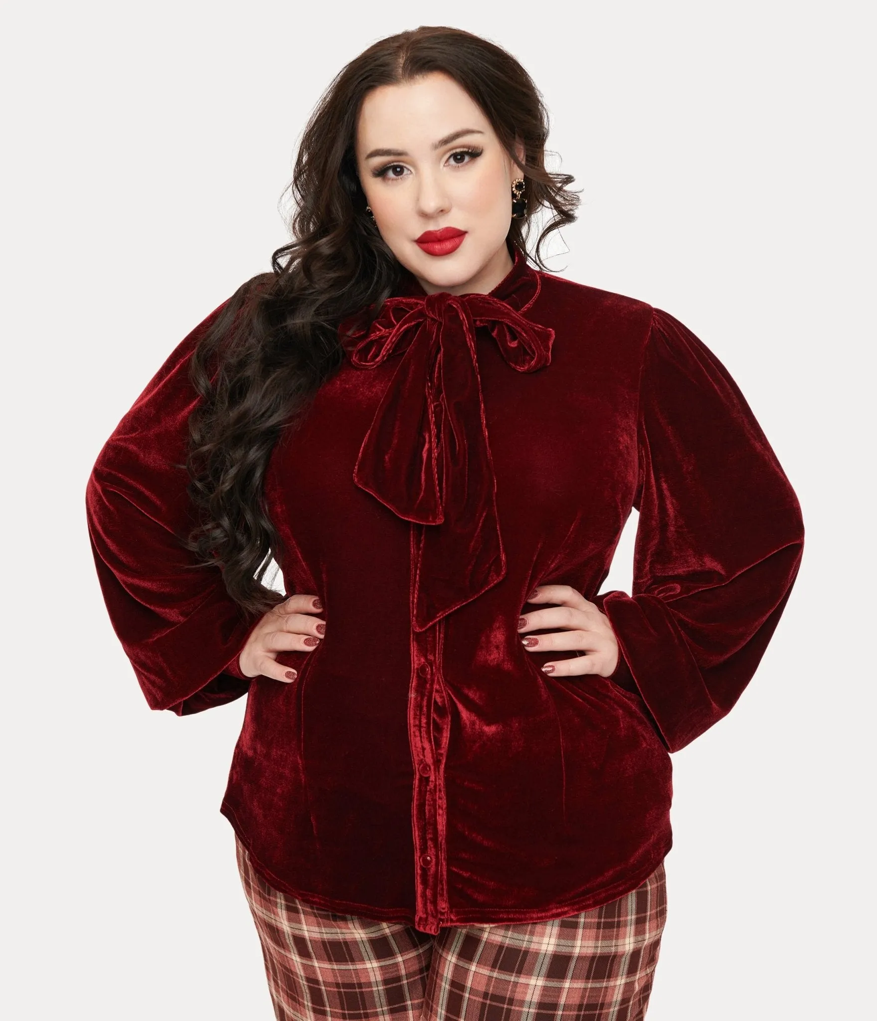 Unique Vintage Plus Size 1950s Merlot Velvet Gwen Blouse Easy Date Night
