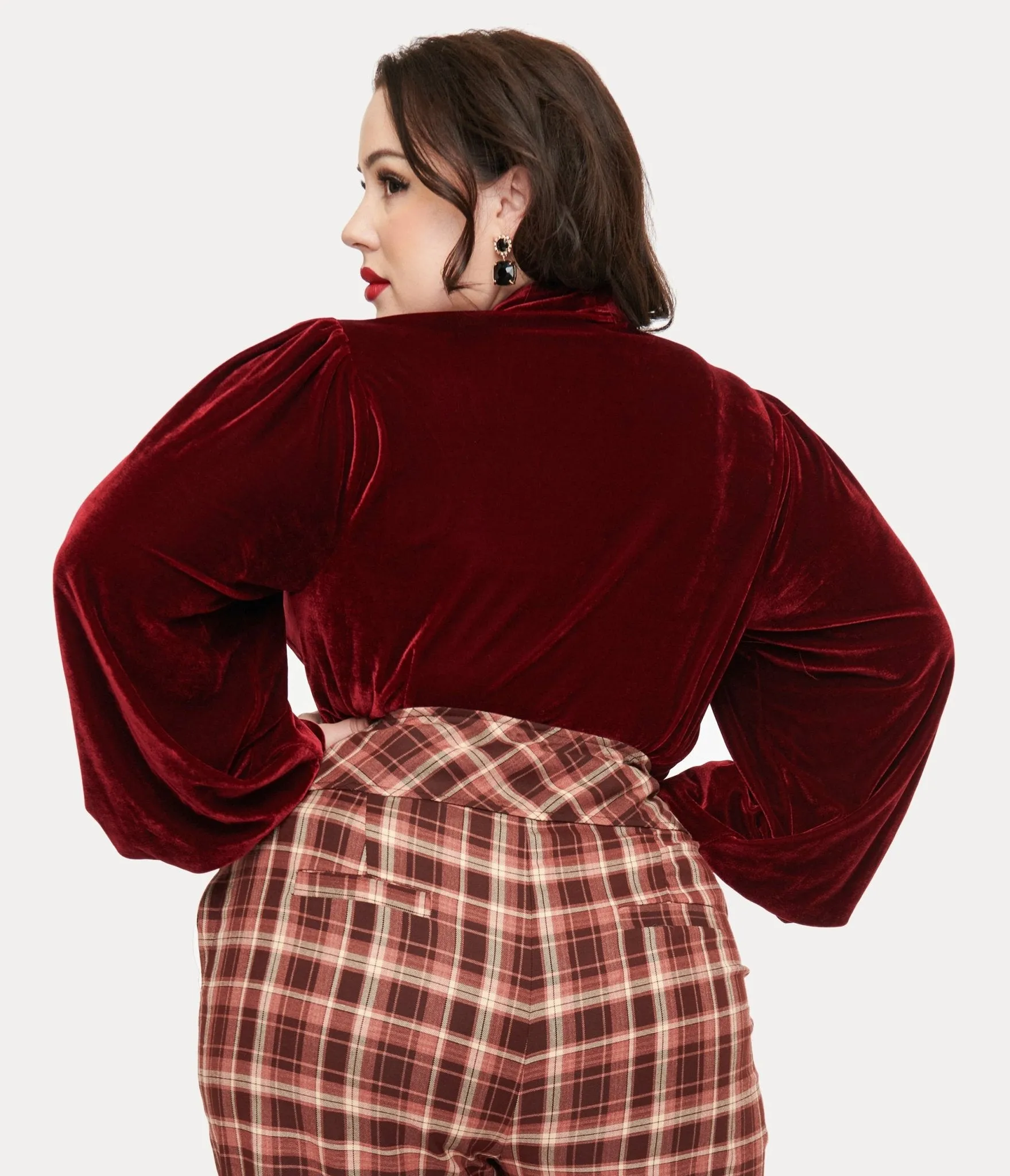 Unique Vintage Plus Size 1950s Merlot Velvet Gwen Blouse Easy Date Night